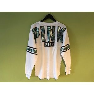 Victoria’s Secret PINK Varsity Crew Neck Sweat Shirt Green Tropical Palms Fern S